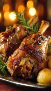 Plato de cordero asado en freidora de aire con jarretes dorados y patatas.