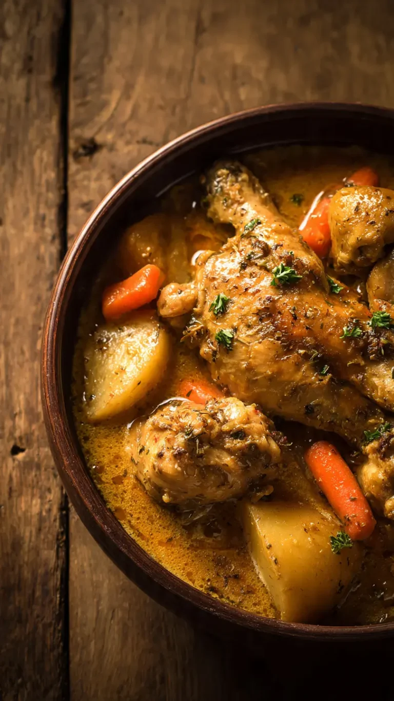 Pollo Guisado en olla lenta servido, con salsa espesa y patatas.