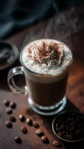 Taza de café cremoso con licor (tipo Baileys) con nata montada y cacao, en una mesa de madera.