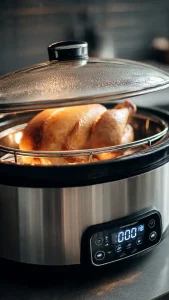 Pollo asado entero en freidora de aire, con la piel dorada y crujiente, servido en una tabla de madera.