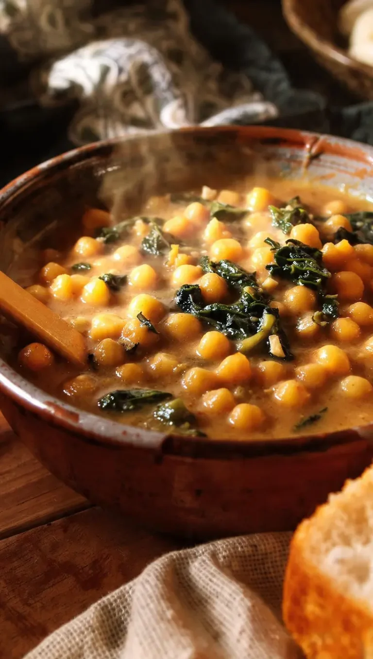 Plato de garbanzos con espinacas crockpot cremosos servidos con pan frito