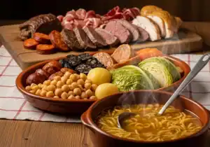 Cocido Madrileño servido en sus tres vuelcos: sopa de fideos, garbanzos con verduras y carnes (Cocido Madrileño Olla Lenta)