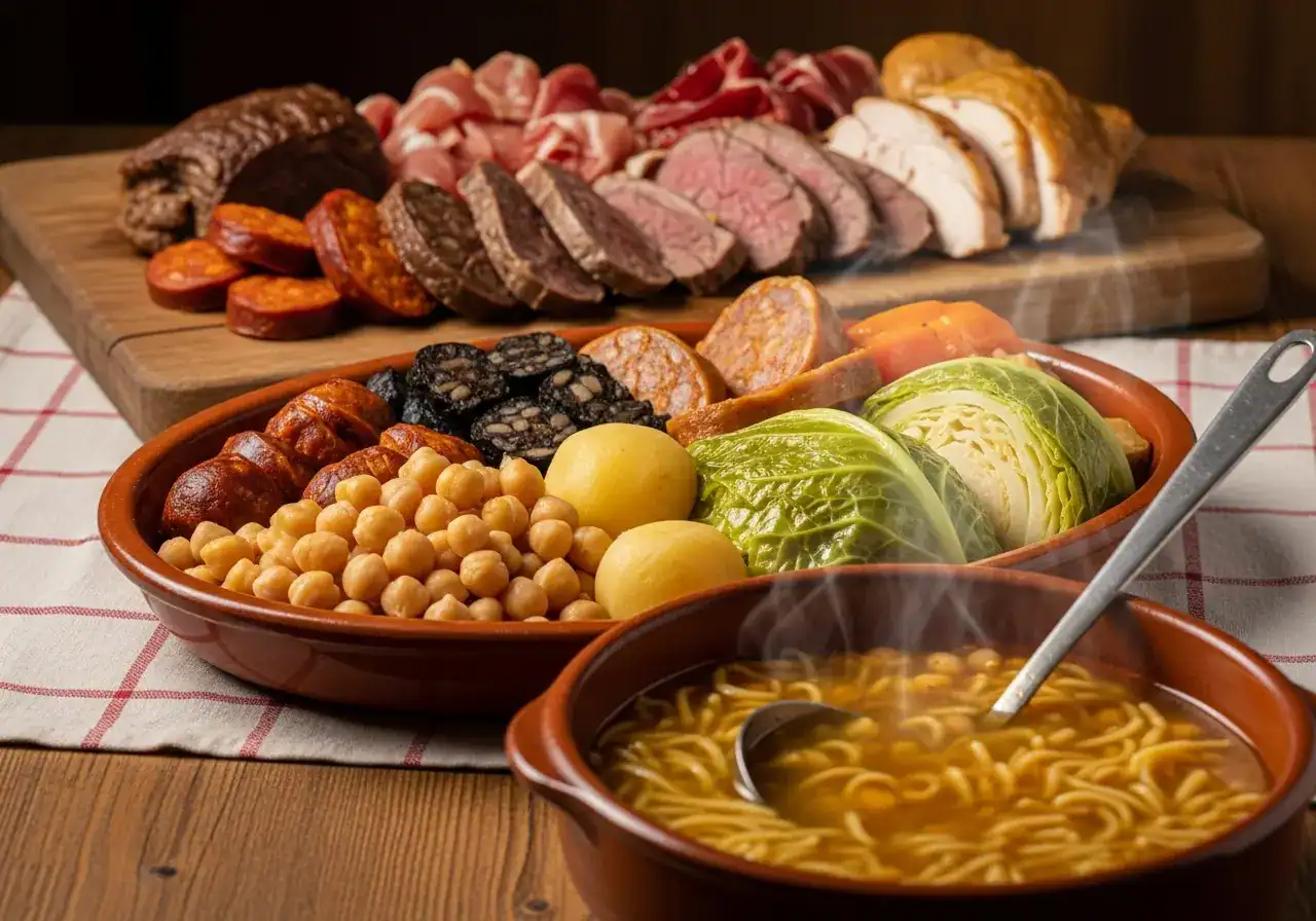 Cocido Madrileño servido en sus tres vuelcos: sopa de fideos, garbanzos con verduras y carnes (Cocido Madrileño Olla Lenta)