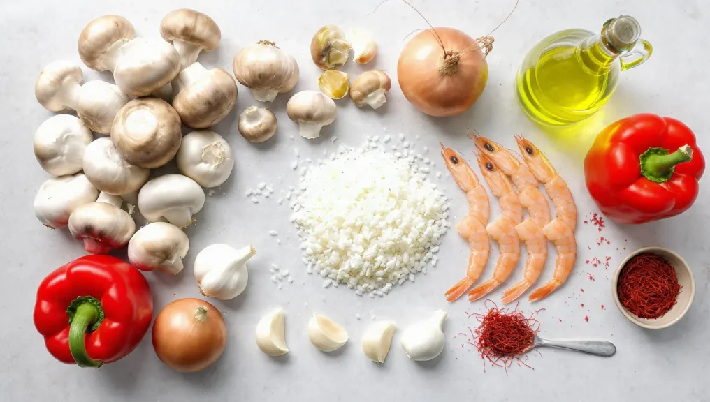 Ingredientes frescos y organizados para arroz caldoso en olla lenta, incluyendo arroz, setas y gambas.