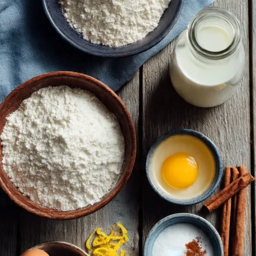 Ingredientes para frixuelos asturianos: harina, huevos, leche, azúcar