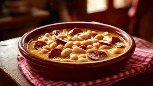 Plato humeante y meloso de auténtica fabada asturiana, con fabes cremosas y trozos grandes de compango (chorizo, morcilla, lacón), cocinada en olla lenta.