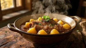 Plato humeante de patatas con costillas de cerdo tiernas, cocinadas en Crockpot. Receta fácil y tradicional de Emma.