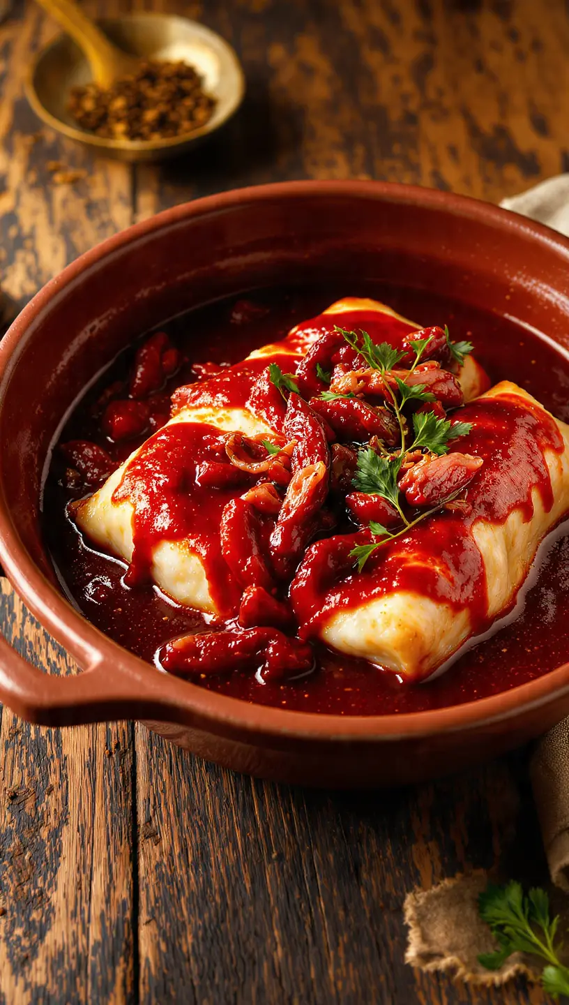 Lomos de bacalao cubiertos de salsa vizcaína roja intensa en una cazuela de barro, listos para servir.