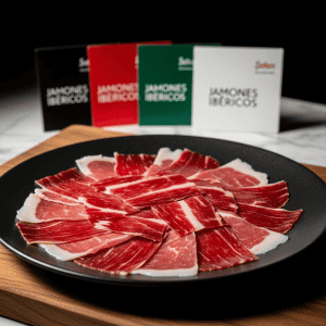 Plato gourmet de jamón ibérico de bellota cortado a cuchillo, con las etiquetas del jamón ibérico de colores (negra, roja, verde, blanca) de fondo desenfocado. Un manjar español de alta calidad.