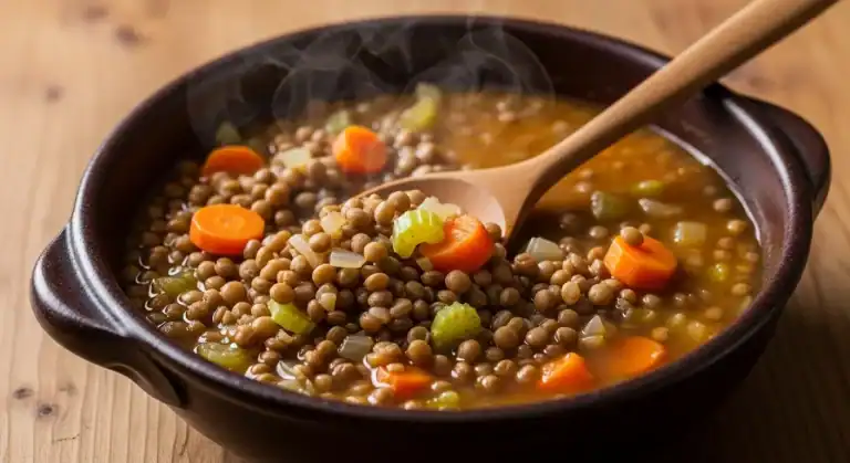 Plato de lentejas con chorizo Crockpot con cuchara de madera.