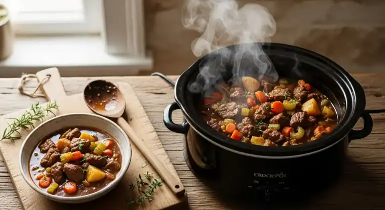 Comparativa de platos cocinados con olla lenta en modos ALTA y BAJA, mostrando diferentes tiempos de cocción en olla lenta para diversas texturas