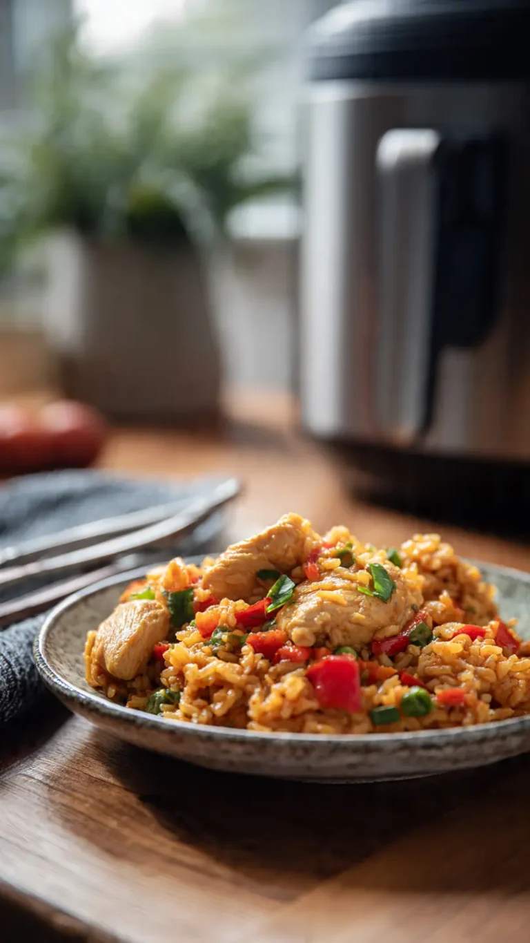 Arroz con pollo en freidora de aire, suelto y jugoso, servido con verduras.