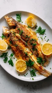 Lubina en freidora de aire cocinada a la espalda, jugosa y dorada con limón.
