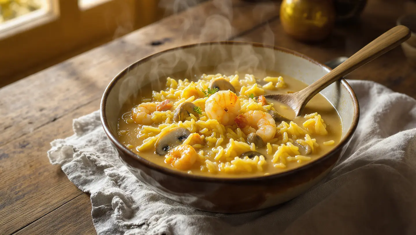 ¡Delicioso! Arroz Caldoso con Setas y Gambas en Crockpot (Receta Fácil)