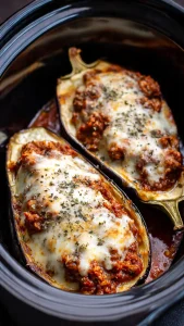 Berenjenas rellenas en Crockpot con queso fundido y orégano, listas para servir.