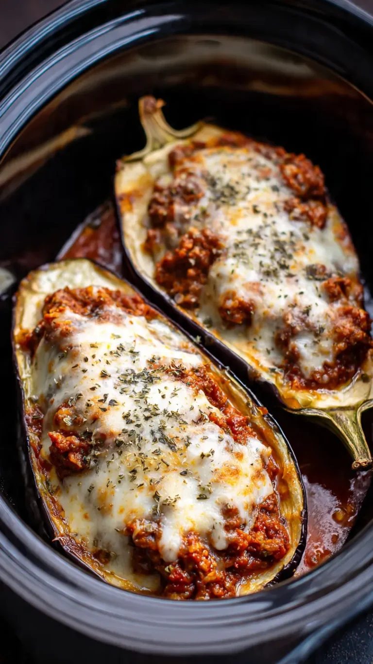 Berenjenas rellenas en Crockpot con queso fundido y orégano, listas para servir.