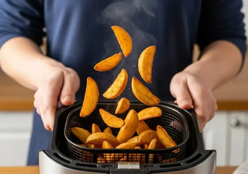 Tabla de temperaturas y cocción para air fryer sobre una encimera de cocina moderna.