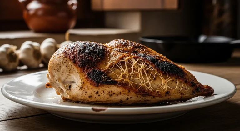 Pechuga de pollo seca y sobrecocinada en un plato para ilustrar el problema de la comida seca en freidora de aire.