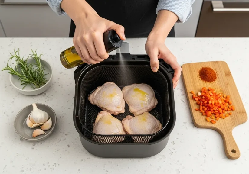 Manos pulverizando aceite de oliva sobre muslos de pollo en la cesta de una freidora de aire antes de cocinar.