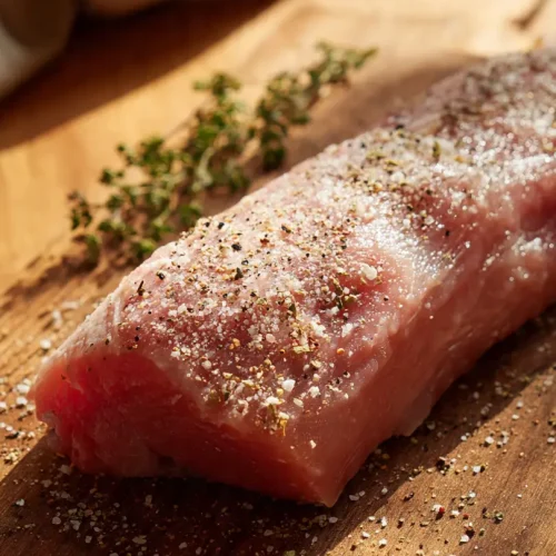 Solomillo de cerdo crudo sobre una tabla de madera, sazonado con sal, pimienta y cubierto con aceite en spray.