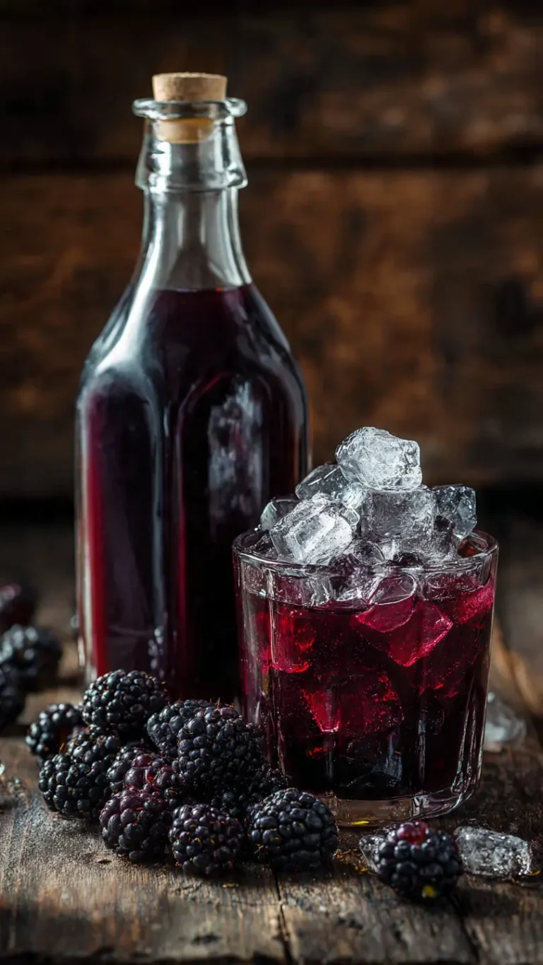 Botella de licor de moras casero, de color púrpura intenso, con moras silvestres alrededor en un ambiente rústico.