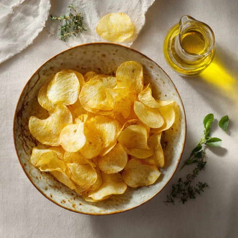 Patatas fritas sin conservantes servidas en un bol elegante con aceite de oliva virgen.
