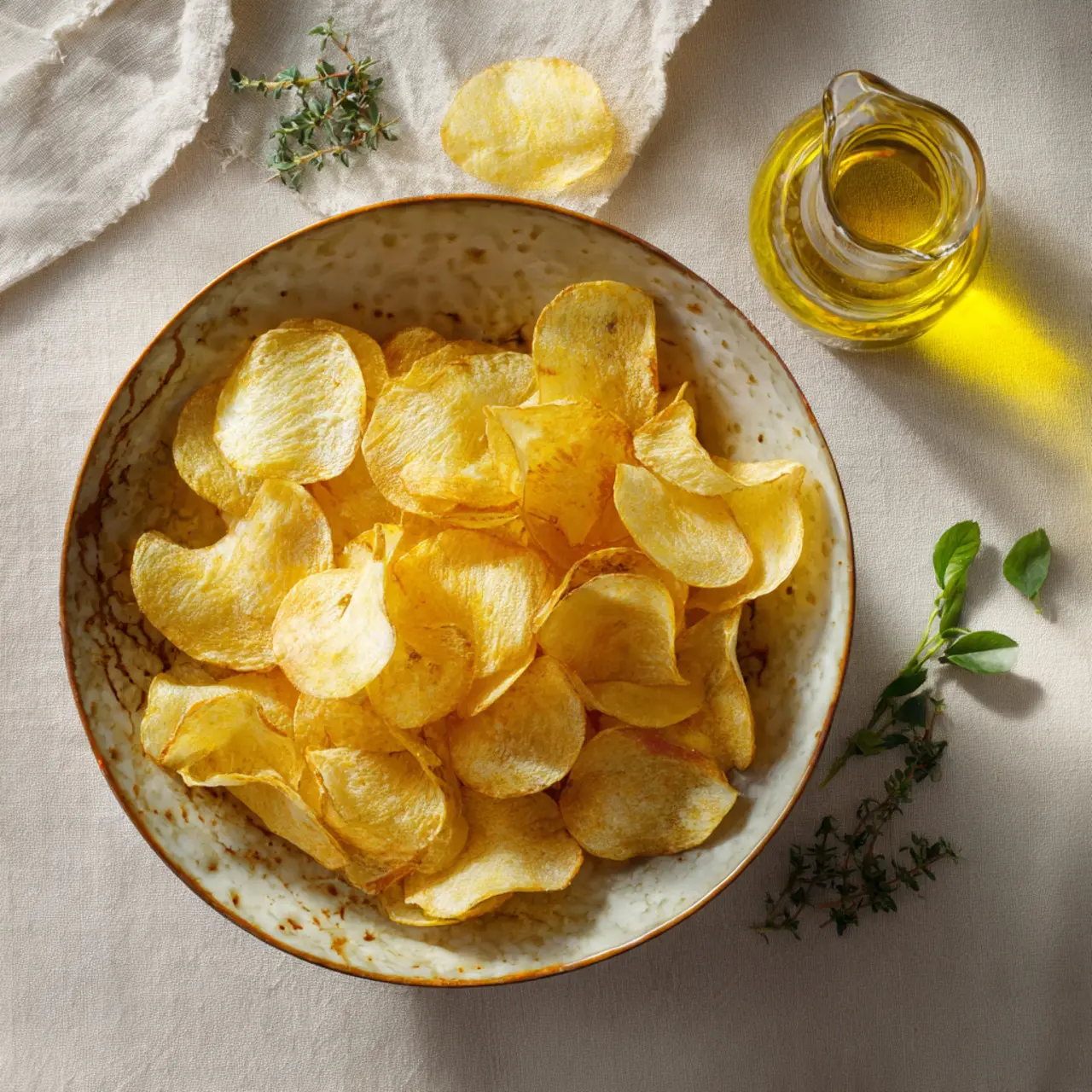 Patatas fritas sin conservantes servidas en un bol elegante con aceite de oliva virgen.