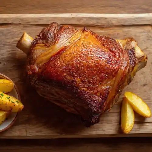 Codillo de cerdo asado y crujiente en freidora de aire (Air Fryer), con patatas panaderas de guarnición sobre tabla de madera