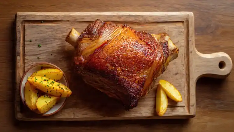 Codillo de cerdo asado y crujiente en freidora de aire (Air Fryer), con patatas panaderas de guarnición sobre tabla de madera