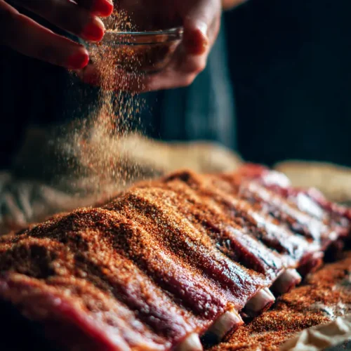 Aplicando el adobo seco a las costillas antes de meterlas en la olla lenta.